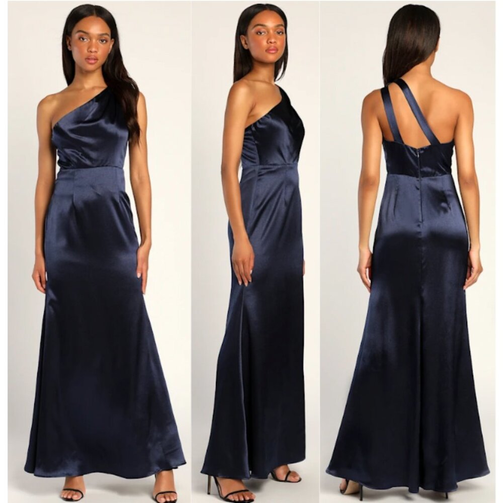 LULUS navy blue satin On The Guest List one shoulder maxi dress